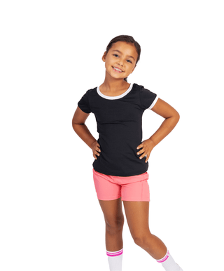 Basic Tee Black / White — Girls' Golf Tee, front view, full length on model