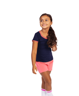 Basic Tee Navy / Rose Pink — Girls' Golf Tee, side view, on model