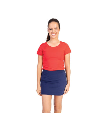 Basic Tee Red — Women's Golf Tee, front view, full length on model