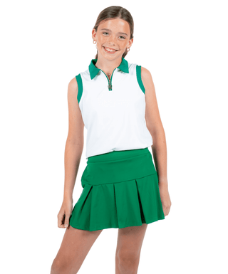 Birdie Vibes Sleeveless Polo White / Lucky Green — Girls' Golf Polo, front view, full length on model