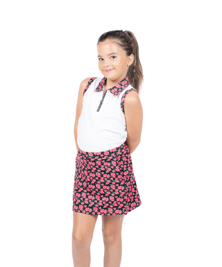Birdie Vibes Sleeveless Polo White / Camellia — Girls' Golf Polo, front view, hands behind the back