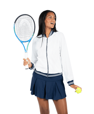 Girl Power Jacket White — Women's Golf Jacket, front view, full length on model, holding a racket