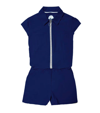 Girl Power Romper Navy — Golf Romper, front view, flat lay, showing the zipper
