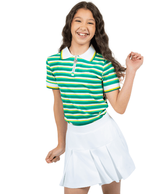 Lexi Polo Golden Stripes — Girls' Golf Polo, front view, full length on model