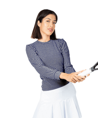 Love Lightweight Top Navy — Women's Golf Top, front view, on model, holding a club