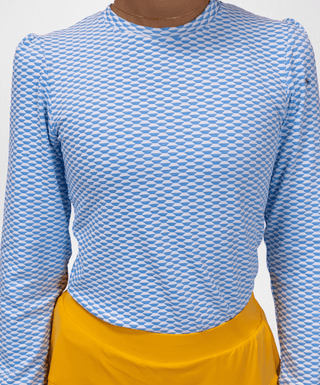 Love Lightweight Top Caro Blue — Golf Top, front view, close up of the knit texture