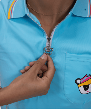 Pandastic Polo Sky Blue — Golf Polo, front view, close up of the YKK zipper