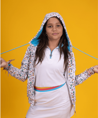 Par-tee Hoodie Golf Fun — Girls' Golf Hoodie, front view, worn with the hood up