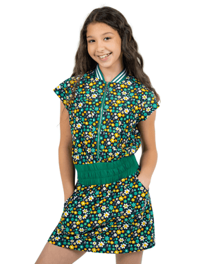 Patti Dress Green Garden — Girls' Golf Dress, front view, full length on model