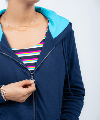 Rockstar Hoodie Navy — Golf Hoodie, front view, close up of the hood lining and zipper