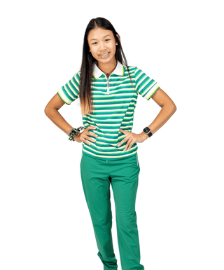 Rockstar Pants Lucky Green — Girls' Golf Pants, front view, full length on model