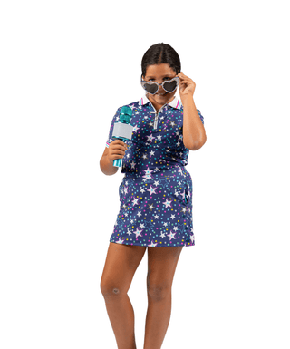 Girl wearing the Rockstar Polo in Rocking Stars with sunglasses, front view, full length