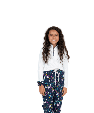 Slay It LS Shirt White / Navy — Girls' Golf Long Sleeve, front view, full length on model