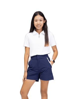 Slay It Short Navy — Girls' Golf Short, front view, full length on model