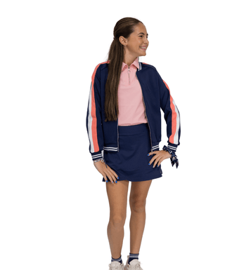 Alice Skort Navy — Girls' Golf Skort, front view, full length on model