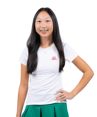 Azalea Tee Ballet Pink — Girls' Golf Tee, front view, on model, cropped at the hip