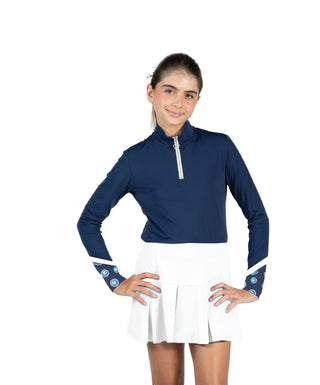 Birdie Vibes LS Shirt Navy / Evil Eyes — Girls' Golf Long Sleeve, front view, on model, hands on the hips