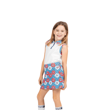 Birdie Vibes Sleeveless Polo RWB Flowerchild — Girls' Golf Polo, front view, full length on the course