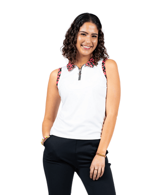 Birdie Vibes Sleeveless Polo White / Camellia — Women's Golf Polo, front view, full length