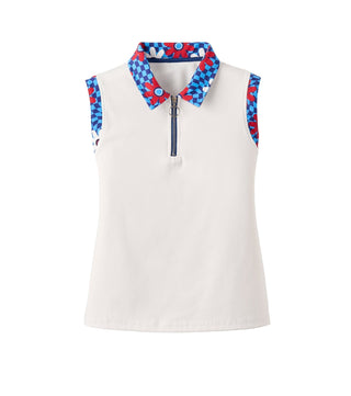 Birdie Vibes Sleeveless Polo RWB Flowerchild — Golf Polo, front view, flat lay, showing the zipper and collar