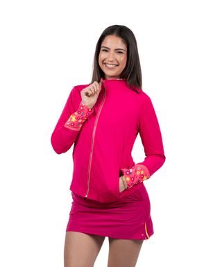 Elena Full Zip Magenta — Women's Golf Full Zip, front view, hand in pocket