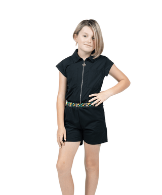 Girl Power Romper Black / Green Garden — Girls' Golf Romper, front view, full length on model