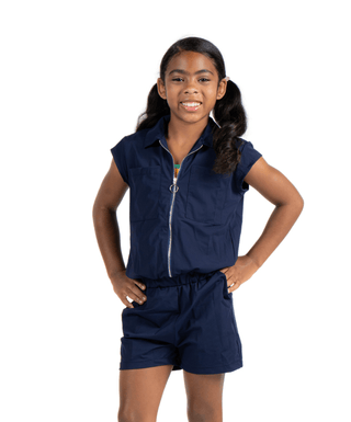 Girl Power Romper Navy — Girls' Golf Romper, front view, full length on model