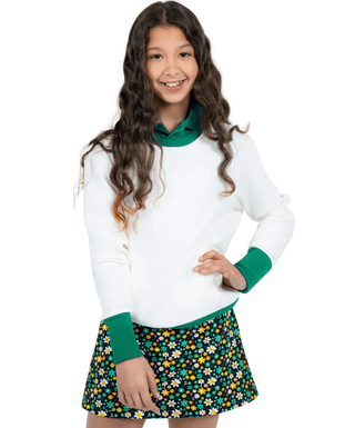 Golden Pullover White / Lucky Green — Girls' Golf Pullover, front view, full length on model