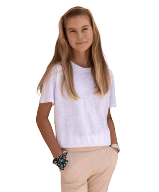Golden Tee White — Girls' Golf Tee, front view, full length on model