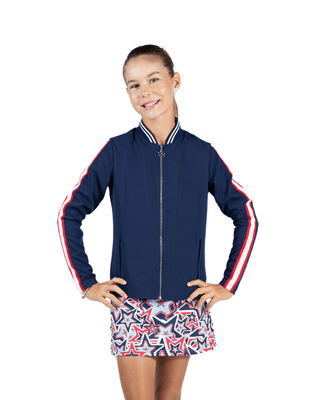 Liberty Jacket Navy — Girls' Golf Jacket, front view, full length on model, zipped