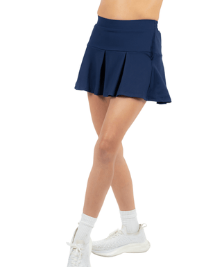 Love Street Skort Navy — Women's Golf Skort, front view, cropped at the waist, on the move