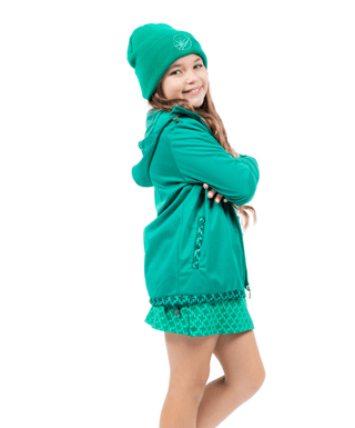Lucky Windbreaker Lucky Green — Girls' Golf Windbreaker, side view, worn with the hood up