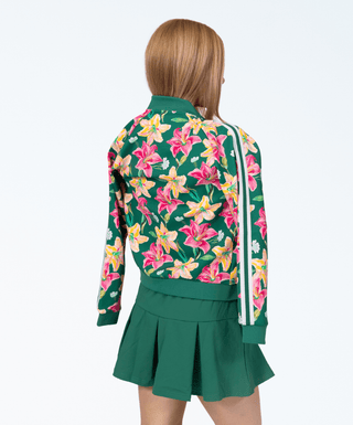 Queen Jacket Queen Floral — Girls' Golf Jacket, back view, on model, showing the sleeve stripes