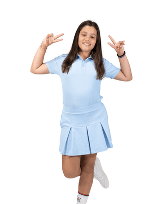RB Polo Caro Blue — Girls' Golf Polo, front view, full length on model