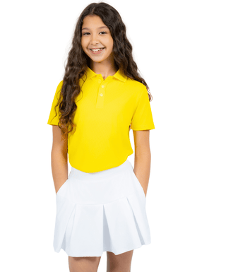 RB Polo Neon Yellow — Girls' Golf Polo, front view, full length on model