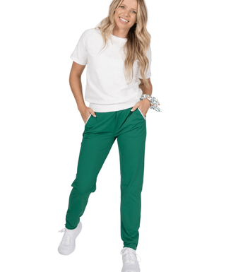 Rockstar Pants Lucky Green — Women's Golf Pants, front view, full length on model