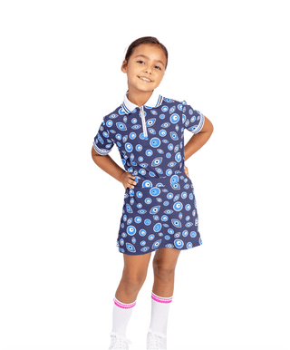 Rockstar Polo Evil Eyes — Girls' Golf Polo, front view, full length on model, hand on the hip