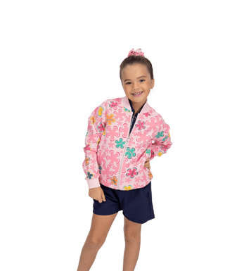 Slay It Jacket Pink Flowers — Girls' Golf Jacket, front view, full length on model