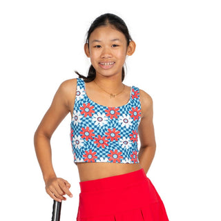 Slay It Sports Top RWB Flowerchild — Golf Sports Top, front view, on model, cropped at the waist