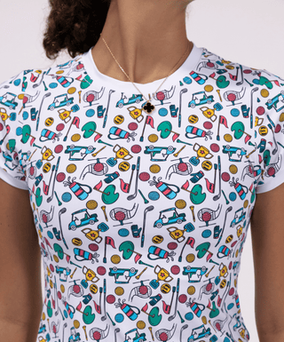Unstoppable Tee Golf Fun — Women's Golf Tee, front view, close up of the print